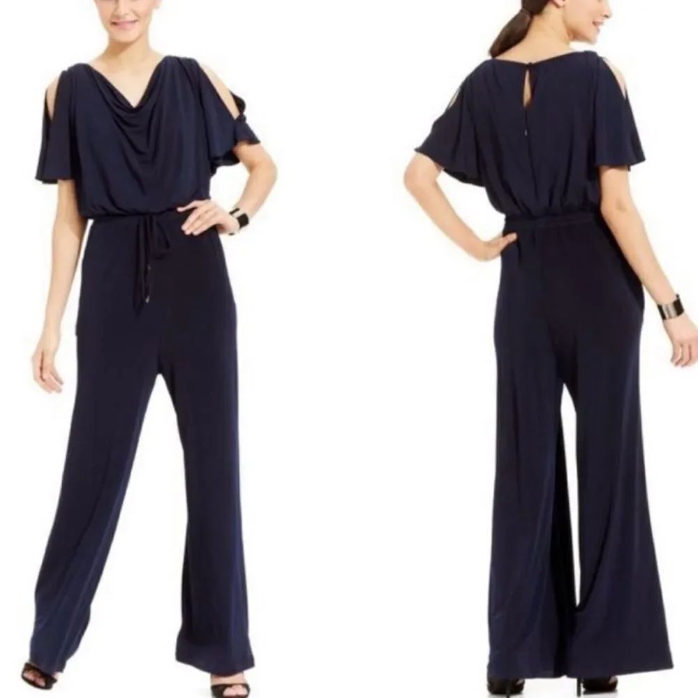 Vince Camuto Navy Blue One Piece Split Sleeve Cowl Neck Wide Leg Silky Jumpsuit